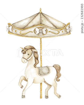 Watercolor illustration of carousel horse with golden roof. Good for nursery art, celebration card, birthday invitation, baby memory scrapbook, festive packaging, poster, child project, fantasy party Watercolor illustration of carousel horse with golden roof. Good for nursery art, celebration card, birthday invitation, baby memory scrapbook, festive packaging, poster, child project, fantasy party 132681993