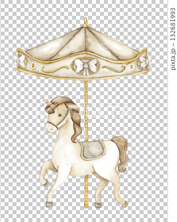 Watercolor illustration of carousel horse with golden roof. Good for nursery art, celebration card, birthday invitation, baby memory scrapbook, festive packaging, poster, child project, fantasy party Watercolor illustration of carousel horse with golden roof. Good for nursery art, celebration card, birthday invitation, baby memory scrapbook, festive packaging, poster, child project, fantasy party 132681993