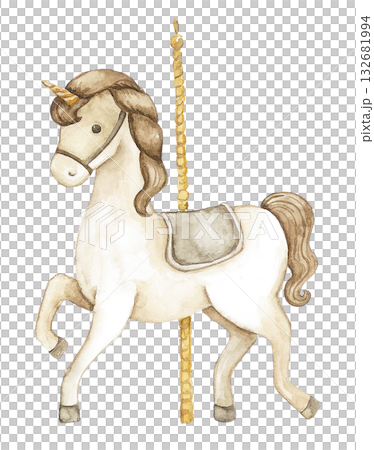 Watercolor illustration of carousel horse with golden pole and saddle. Suitable for nursery wall art, birthday card, baby shower invitation, celebration scrapbook, festive packaging, party project 132681994