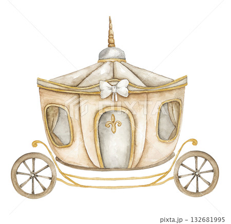 Watercolor illustration of vintage golden carriage with decorative details. Perfect for birthday invitation, baby announcement, greeting card, celebration poster, nursery art, princess party Watercolor illustration of vintage golden carriage with decorative details. Perfect for birthday invitation, baby announcement, greeting card, celebration poster, nursery art, princess party 132681995