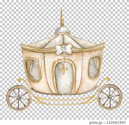 Watercolor illustration of vintage golden carriage with decorative details. Perfect for birthday invitation, baby announcement, greeting card, celebration poster, nursery art, princess party 132681995
