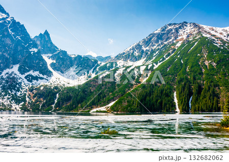 mountain lake in tatra national park. morskie oko surrounded with rugged snow capped peaks in early spring. beautiful view of reflection and ice on water. green environment background under blue sky 132682062