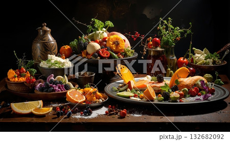 Rustic table presenting bountiful arrangement of colorful fruits and vegetables. Rustic table presenting bountiful arrangement of colorful fruits and vegetables. 132682092
