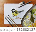 Bird painting shows great tit. Fine art illustration depicts songbird on branch. Artwork suitable for wall decor print art education. Impressionism style white background flat lay 132682127