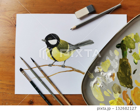 Bird painting shows great tit. Fine art illustration depicts songbird on branch. Artwork suitable for wall decor print art education. Impressionism style white background flat lay Bird painting shows great tit. Fine art illustration depicts songbird on branch. Artwork suitable for wall decor print art education. Impressionism style white background flat lay 132682127