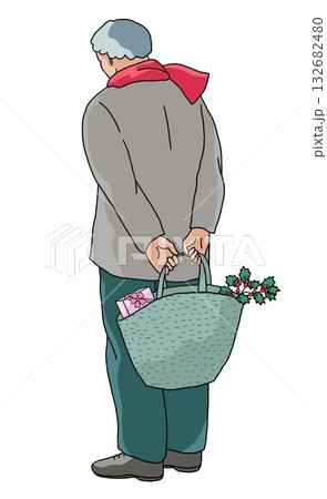 elderly man in coat holding a bag with  Christmas gift behind his back 132682480