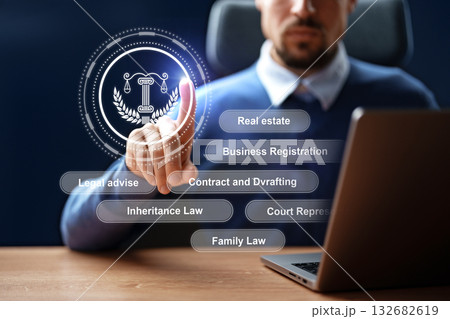 Modern lawyer offering legal services and advice through digital technology at a desk 132682619