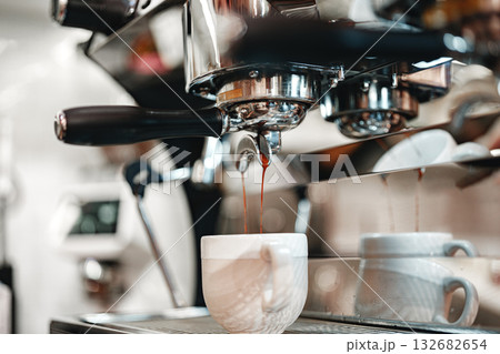 Fresh coffee being brewed at a cozy cafe in the afternoon sun 132682654