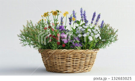 Herbs And Flowers In A Wicker Basket 132683025