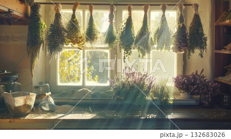 Aromatic Herbs Hanging From Beams Aromatic Herbs Hanging From Beams 132683026