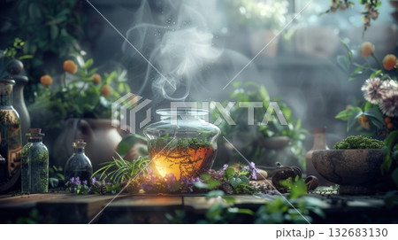 Mystical Herbal Potion Brewing with Teapot 132683130