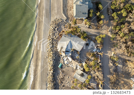 Hurricane Milton consequences on Manasota Key, Florida. Destroyed houses on sea coast. Storm surge severe damage Hurricane Milton consequences on Manasota Key, Florida. Destroyed houses on sea coast. Storm surge severe damage 132683473