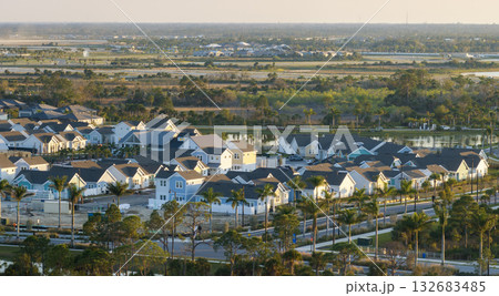 Houses under construction in American suburbs. Development of residential housing. Real estate market in the USA 132683485