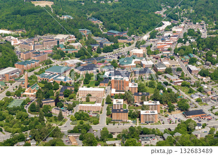 Historical American town Boone North Carolina Appalachian mountains. Old townscape architecture in Watauga County, USA. Streets and historic buildings from above 132683489