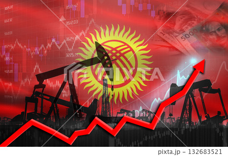 Oil production with Kyrgyzstan flag, petrol industry. Oil pumps with Kyrgyz flag Oil production with Kyrgyzstan flag, petrol industry. Oil pumps with Kyrgyz flag 132683521