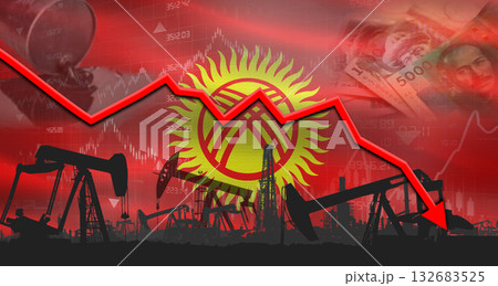 Fall oil price with Kyrgyzstan flag on economic chart. Petrol crisis with Kyrgyz flag on financial graph 132683525