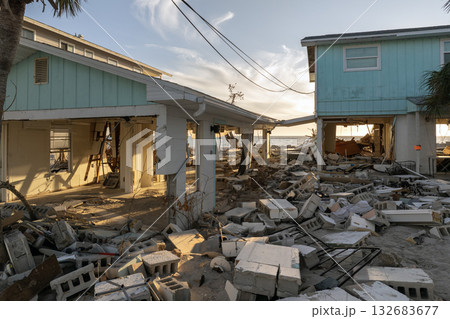Destroyed houses on ocean shore after hurricane Milton landfall. Natural disaster consequences on Manasota Key, Florida. Storm surge severe damage 132683677