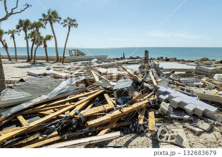 Destroyed houses on ocean coast. Hurricane Milton consequences in Englewood, Florida. Storm surge severe damage Destroyed houses on ocean coast. Hurricane Milton consequences in Englewood, Florida. Storm surge severe damage 132683679