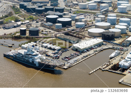 Construction of luxury yachts in shipyard in Savannah, Georgia. Assembly of sea ships 132683698