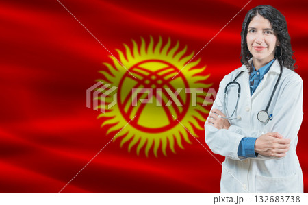 Kyrgyz medicine and healthcare concept. Close up of doctor against Kyrgyzstan flag background 132683738
