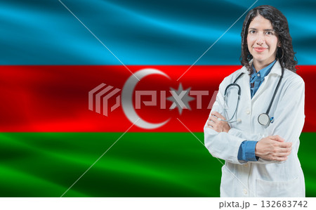 Azerbaijani medicine and healthcare concept. Close up of doctor against Azerbaijan flag background 132683742