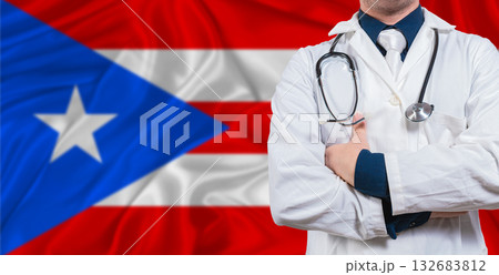 Male doctor with stethoscope on Puerto Rico flag. Doctor holding stethoscope on Puerto Rico flag 132683812