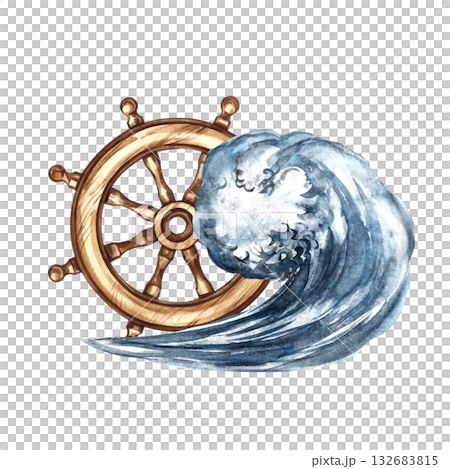 Ship's steering wheel and sea wave. Hand-drawn watercolor illustration. Color image. Isolate. For stickers, games, decor, posters and banners, packaging, and more. Ship's steering wheel and sea wave. Hand-drawn watercolor illustration. Color image. Isolate. For stickers, games, decor, posters and banners, packaging, and more. 132683815