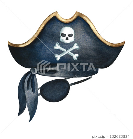 Pirate costume, tricorn hat, bandana, and eyepatch. Watercolor illustration, hand-drawn. For children's games and celebrations. For stickers, posters, banners, packaging, and more. 132683824