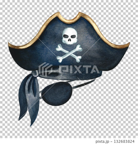 Pirate costume, tricorn hat, bandana, and eyepatch. Watercolor illustration, hand-drawn. For children's games and celebrations. For stickers, posters, banners, packaging, and more. 132683824