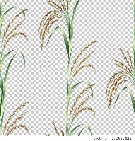 Seamless pattern with rice stalks. Hand-drawn watercolor illustration. Design element for labels, menus, recipes, and cookbooks. For banners, flyers, packaging, and more. 132683828