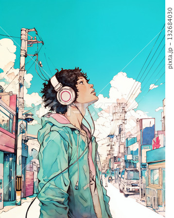 音楽を聴きながら街で空を見上げる若い男性 132684030