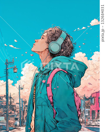 音楽を聴きながら街で空を見上げる若い男性 132684031