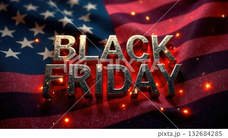 Black Friday text on an American flag backdrop 132684285