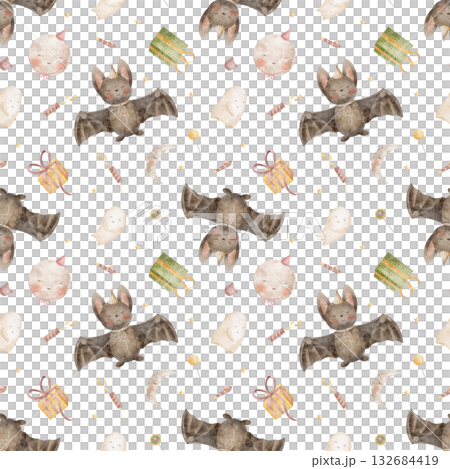 Pattern bats moon ghost crescent lollipops. Hand drawn watercolor illustrations in childish Halloween style. Seamless print isolated from background for textiles fabrics clothing wallpaper packaging Pattern bats moon ghost crescent lollipops. Hand drawn watercolor illustrations in childish Halloween style. Seamless print isolated from background for textiles fabrics clothing wallpaper packaging 132684419