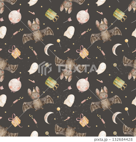 Pattern bats moon ghost crescent lollipops. Hand drawn watercolor illustrations in childish Halloween style. Seamless print on dark gray background for textiles fabrics clothing wallpaper packaging 132684428