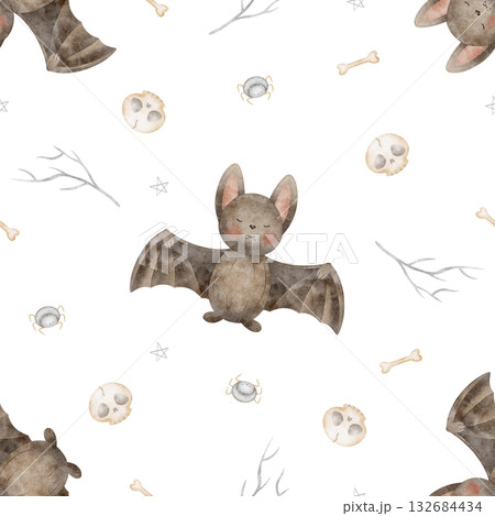 Halloween pattern bat skull spider bones stars. Hand drawn watercolor illustration in childish style. Seamless print isolated from background for textiles, fabrics, clothing, wallpaper packaging paper Halloween pattern bat skull spider bones stars. Hand drawn watercolor illustration in childish style. Seamless print isolated from background for textiles, fabrics, clothing, wallpaper packaging paper 132684434