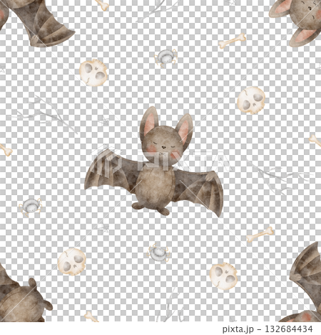 Halloween pattern bat skull spider bones stars. Hand drawn watercolor illustration in childish style. Seamless print isolated from background for textiles, fabrics, clothing, wallpaper packaging paper Halloween pattern bat skull spider bones stars. Hand drawn watercolor illustration in childish style. Seamless print isolated from background for textiles, fabrics, clothing, wallpaper packaging paper 132684434