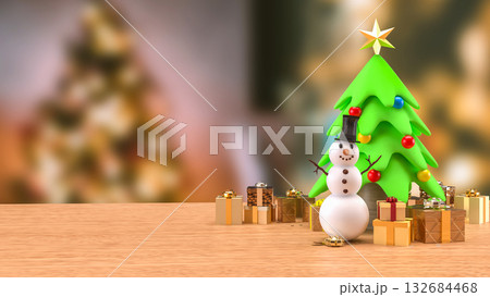 The Snow man and Christmas tree for Holiday or new year concept 3d Rendering. 132684468