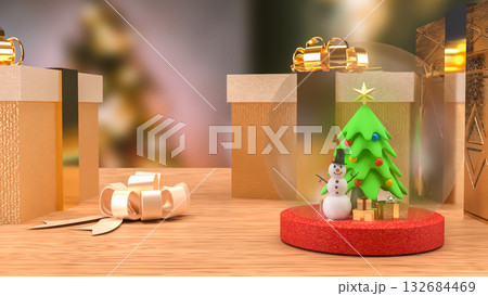 The Snow man and Christmas tree for Holiday or new year concept 3d Rendering. The Snow man and Christmas tree for Holiday or new year concept 3d Rendering. 132684469