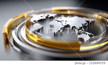 World map global news communication technology abstract metal background showing connecting digital information and networking with data flowing around continent shapes 132684559