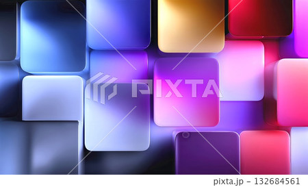 Abstract background presenting colorful glowing cubes with rounded edges creating a modern dynamic design, showcasing vibrant light and digital art 132684561
