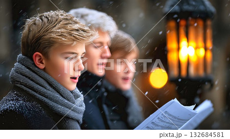 Youth carolers singing traditional Christmas songs outdoors in falling snow, holding sheet music near a glowing lantern, celebrating winter holidays 132684581