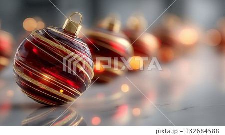 Christmas ornament featuring a spiral red and gold design reflecting holiday lights and bokeh, creating a festive atmosphere for winter celebrations and seasonal greetings 132684588