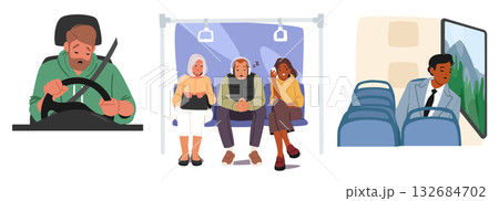 Sleepy tired driver at steering wheel and passengers of public transport isolated cartoon scene 132684702
