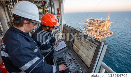 Oil and gas engineers in hard hats and protective gear operate control systems on an offshore platform, monitoring production data and industrial operations with sea views Oil and gas engineers in hard hats and protective gear operate control systems on an offshore platform, monitoring production data and industrial operations with sea views 132684703