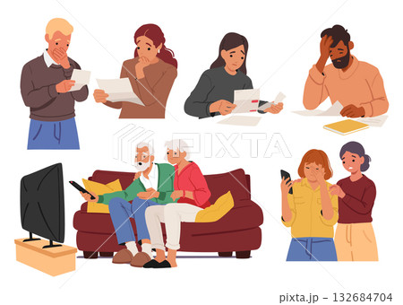 Diverse people cartoon characters reacting on received bad news from different resources set 132684704