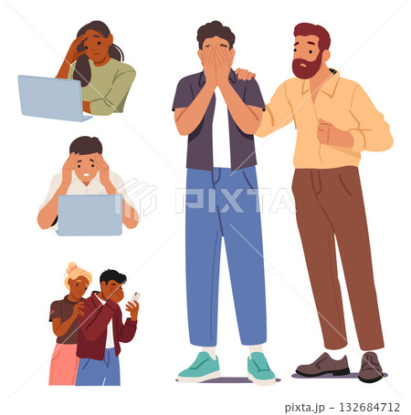 Unhappy sad people suffering from negative emotions due to impact of bad news isolated set 132684712