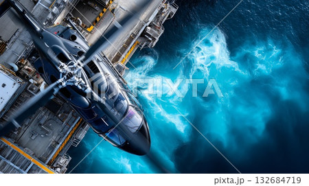 Helicopter lifting off from a helideck on an offshore oil platform, flying over the turbulent ocean, symbolizing remote transport for gas and oil extraction 132684719