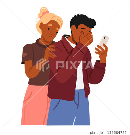 Woman offering heartfelt compassion and support to man who looking at mobile phone screen and crying 132684725