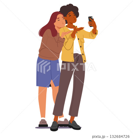 Two pretty girl friends cartoon characters sending air kiss romantic gesture communicating via phone 132684726